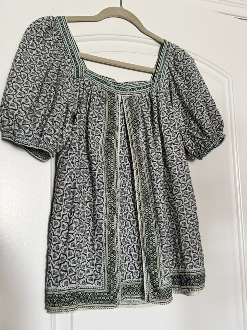 EUC Max Studio London Square Neck Puff Sleeve Blouse Blue/White Size S